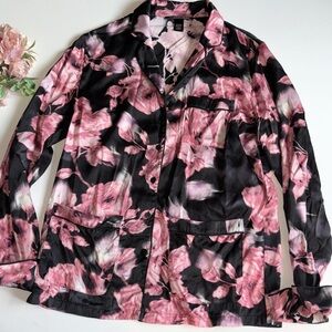 Victoria’s Secret Pajama Shirt Silky Black and pink Black Floral VS PJ top